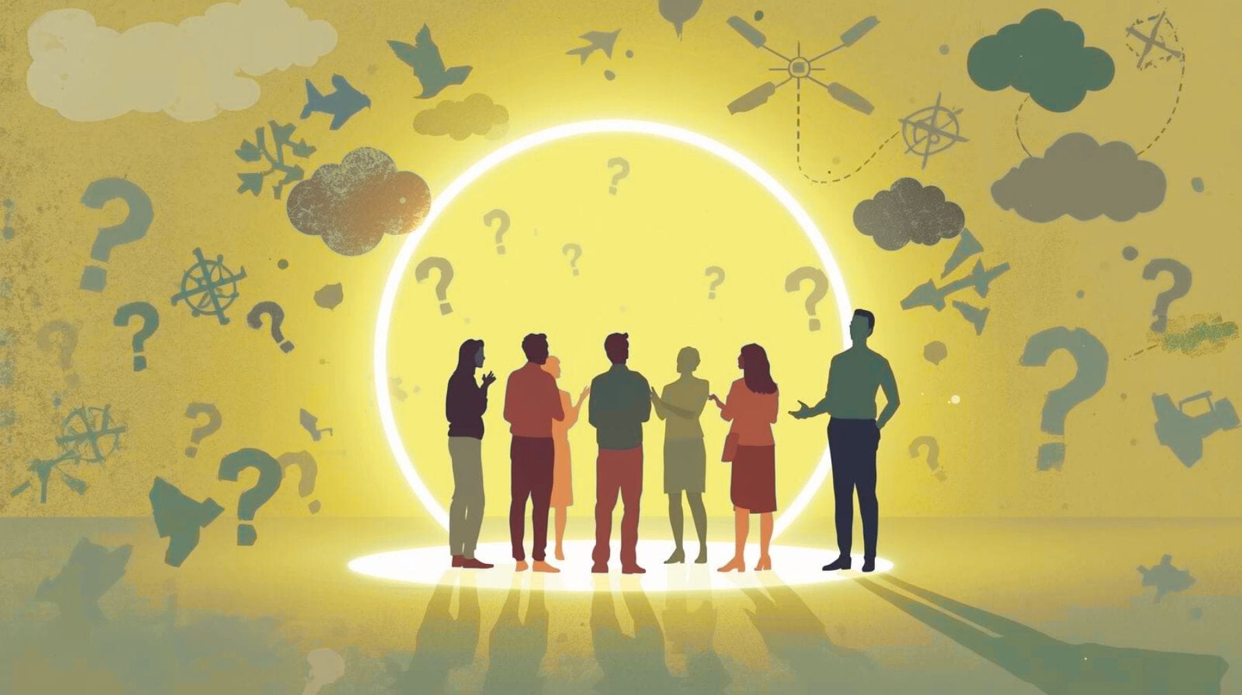 Psychologische Sicherheit im Team – Gruppe im geschützten Raum umgeben von Unsicherheiten und Fragezeichen